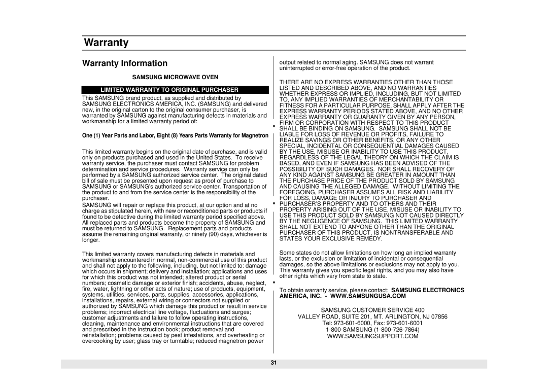 Samsung MW1255WA owner manual Warranty Information 