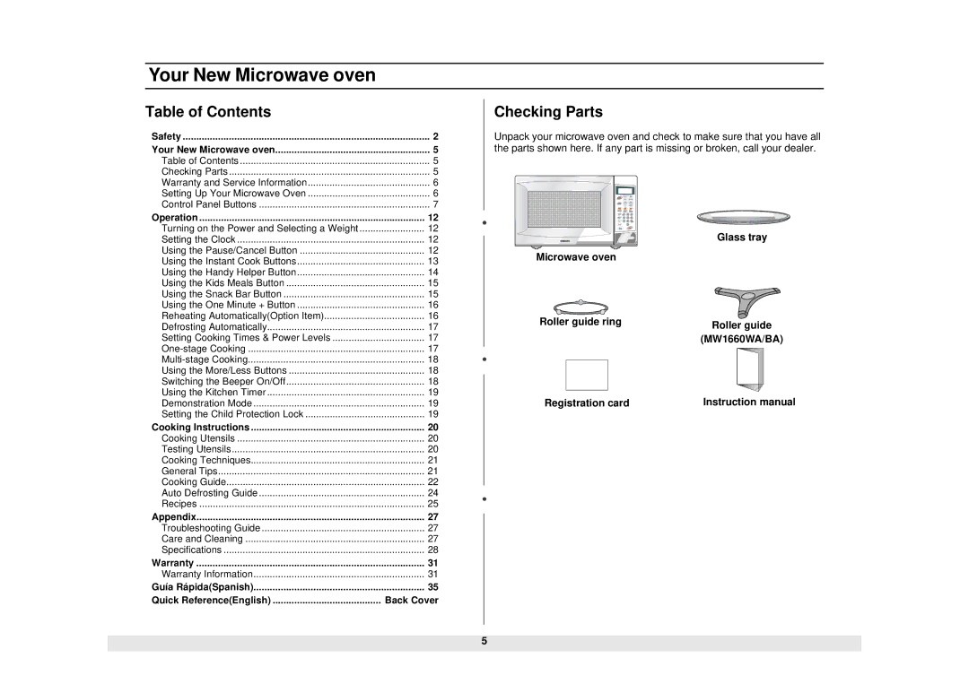 Samsung MW1255WA owner manual Your New Microwave oven, Table of Contents, Checking Parts 