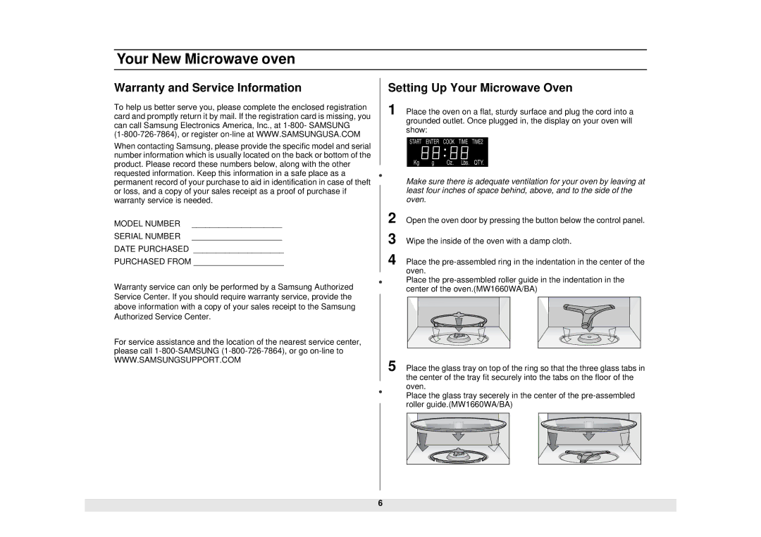 Samsung MW1255WA owner manual Warranty and Service Information, Setting Up Your Microwave Oven 