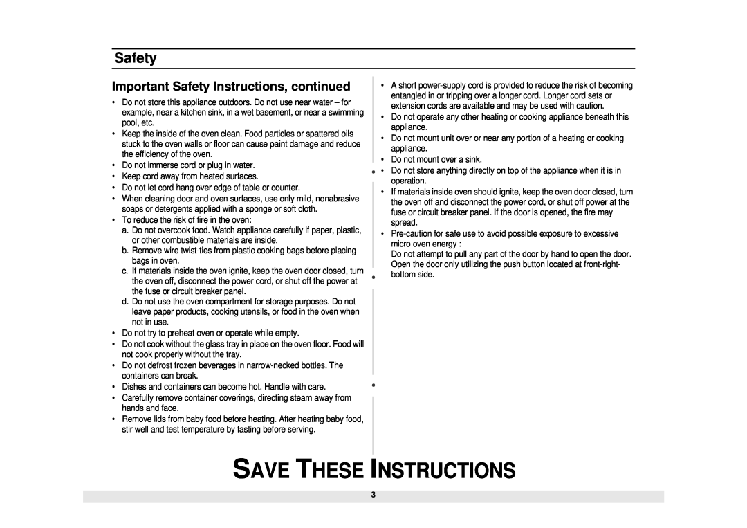 Samsung MW1255WA owner manual Important Safety Instructions, continued, Save These Instructions 