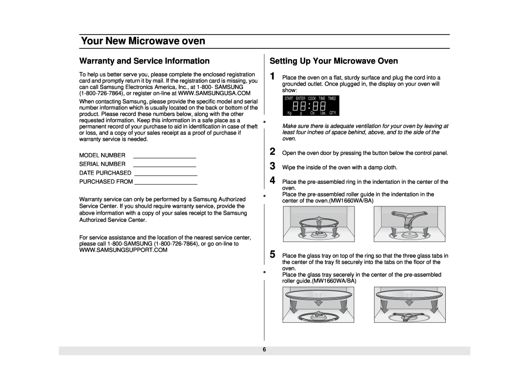 Samsung MW1255WA owner manual Warranty and Service Information, Setting Up Your Microwave Oven, Your New Microwave oven 