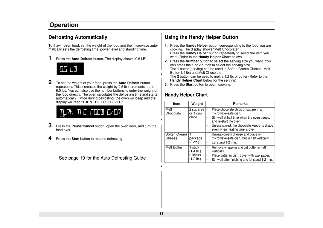 Samsung MW1180STA, MW1280STA manual Defrosting Automatically, Using the Handy Helper Button, Handy Helper Chart 