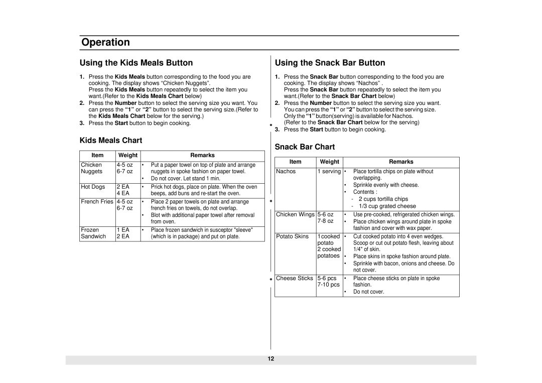Samsung MW1280STA, MW1180STA Using the Kids Meals Button, Using the Snack Bar Button, Kids Meals Chart, Snack Bar Chart 