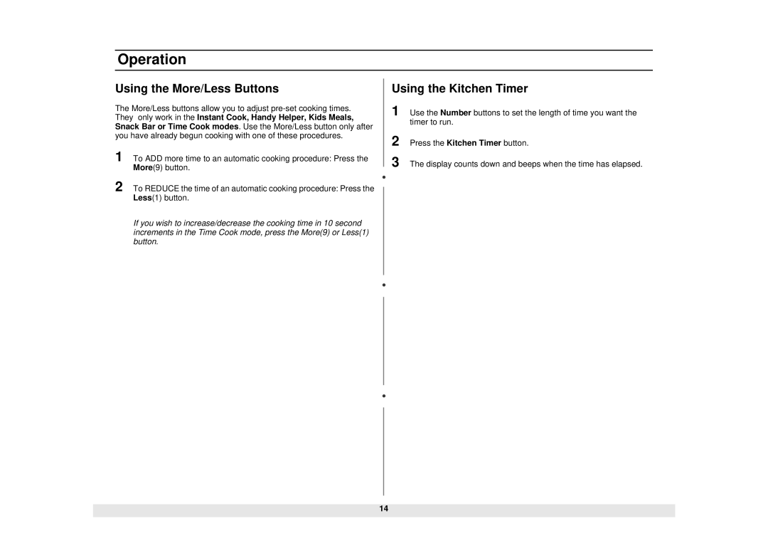 Samsung MW1280STA, MW1180STA manual Using the More/Less Buttons, Using the Kitchen Timer 