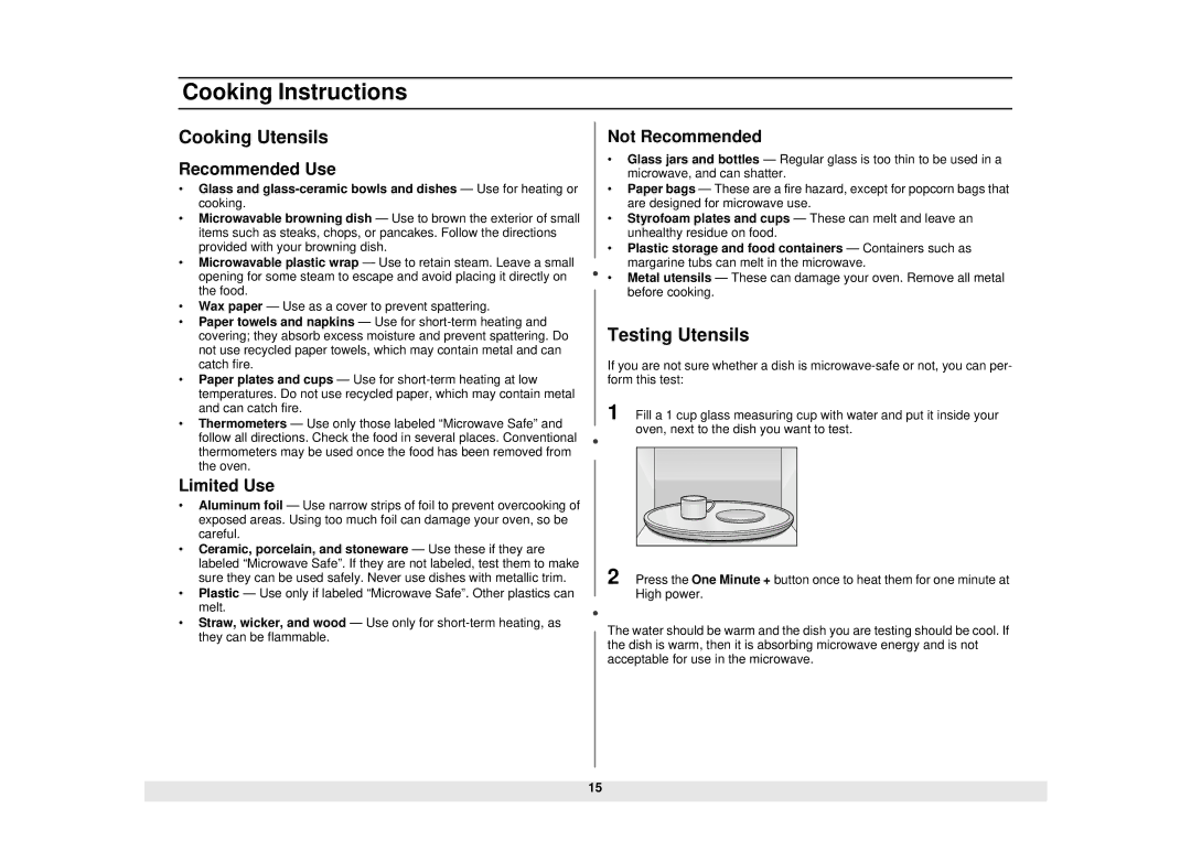 Samsung MW1180STA, MW1280STA manual Cooking Instructions, Cooking Utensils, Testing Utensils 