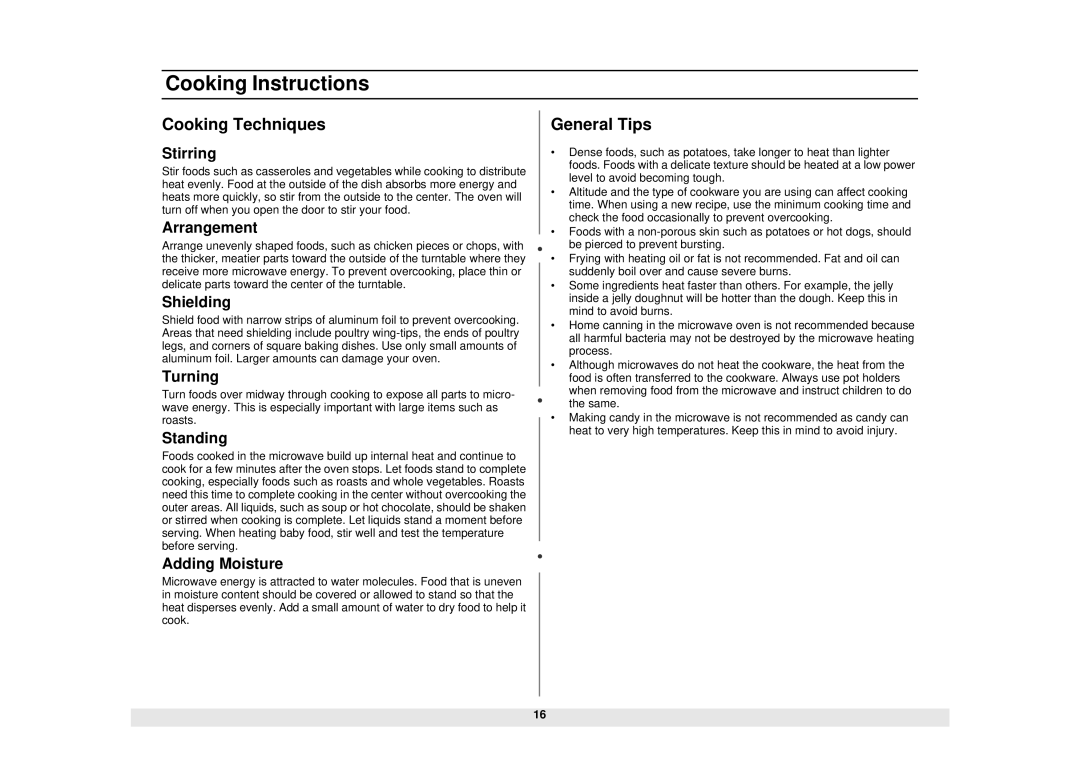 Samsung MW1280STA, MW1180STA manual Cooking Techniques, General Tips 