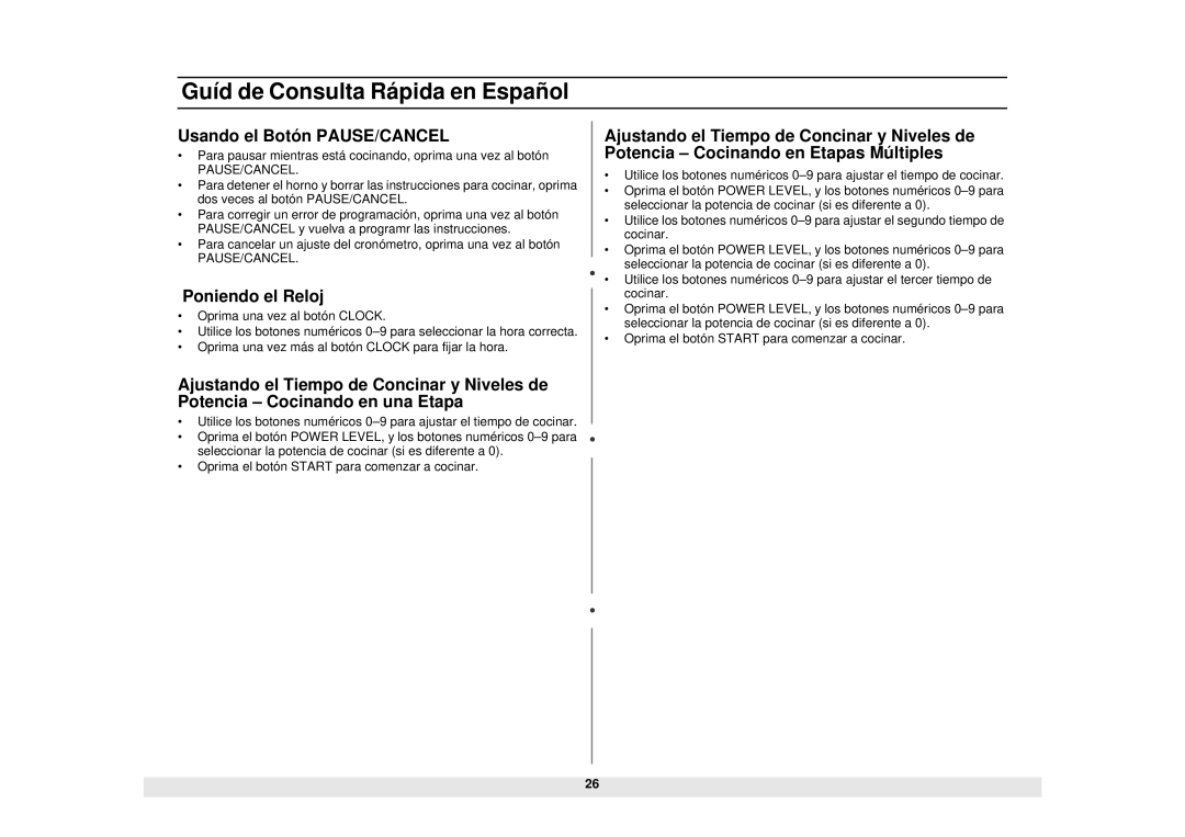 Samsung MW1280STA, MW1180STA manual Guíd de Consulta Rápida en Español, Usando el Botón PAUSE/CANCEL, Poniendo el Reloj 