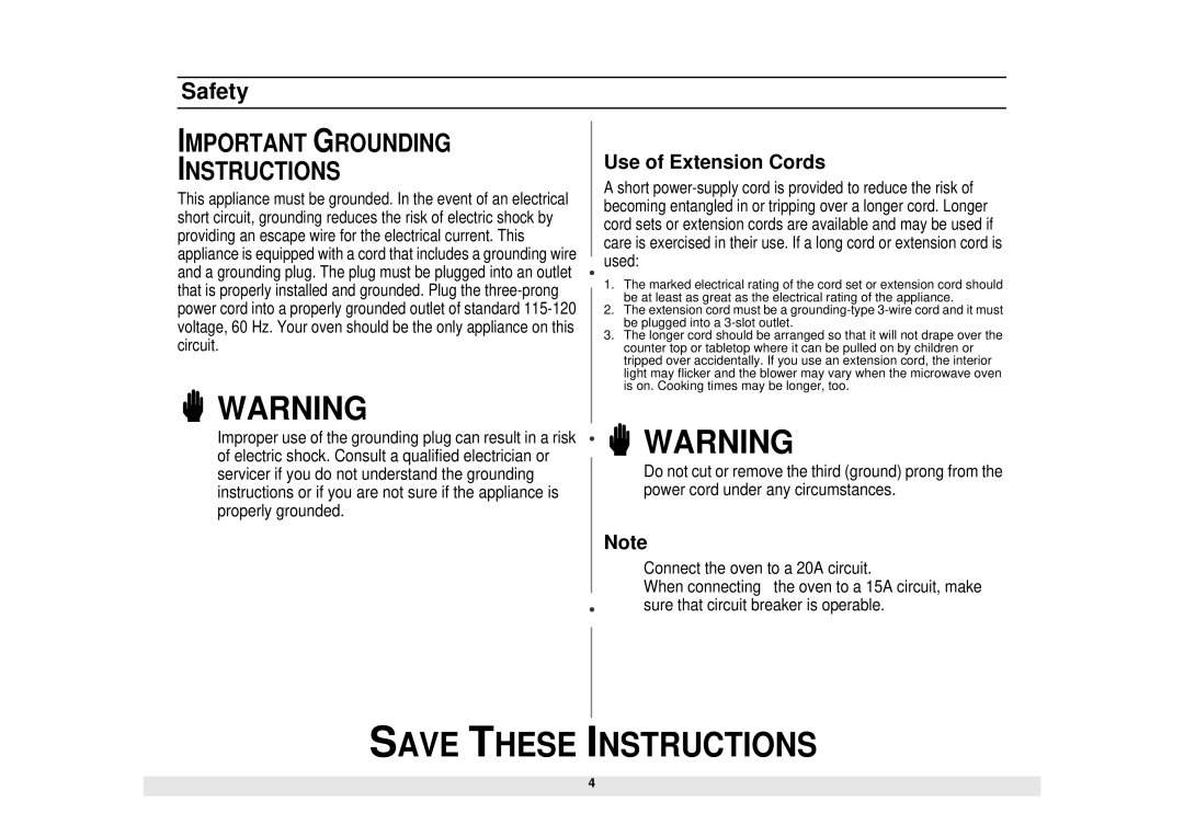 Samsung MW1280STA, MW1180STA manual Important Grounding Instructions 