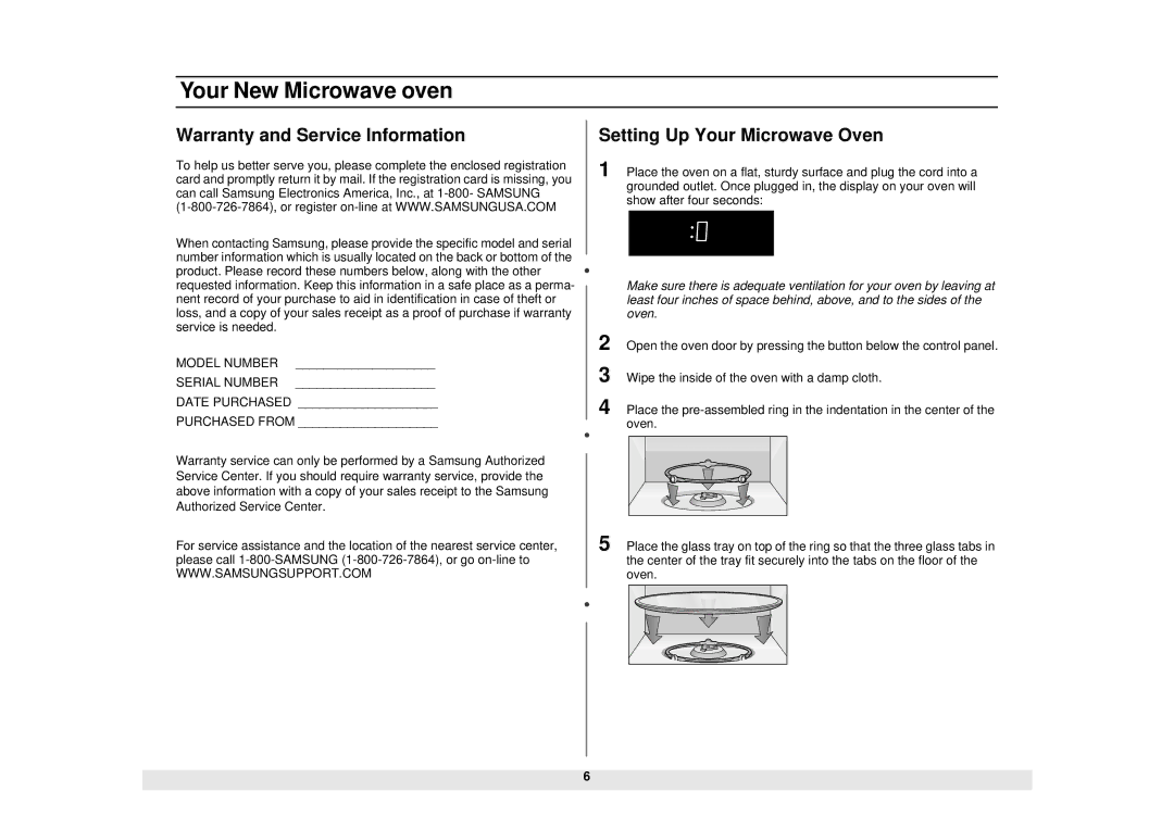 Samsung MW1280STA, MW1180STA manual Warranty and Service Information, Model Number Serial Number 