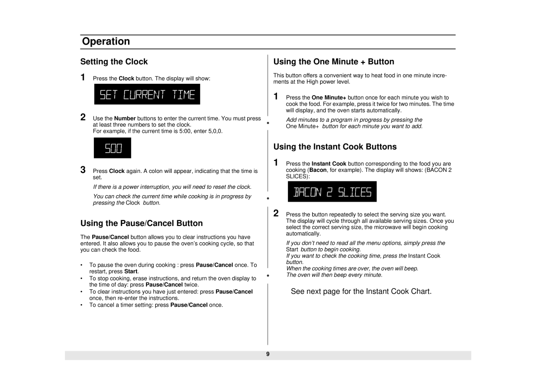 Samsung MW1180STA, MW1280STA Operation, Setting the Clock, Using the Pause/Cancel Button, Using the One Minute + Button 