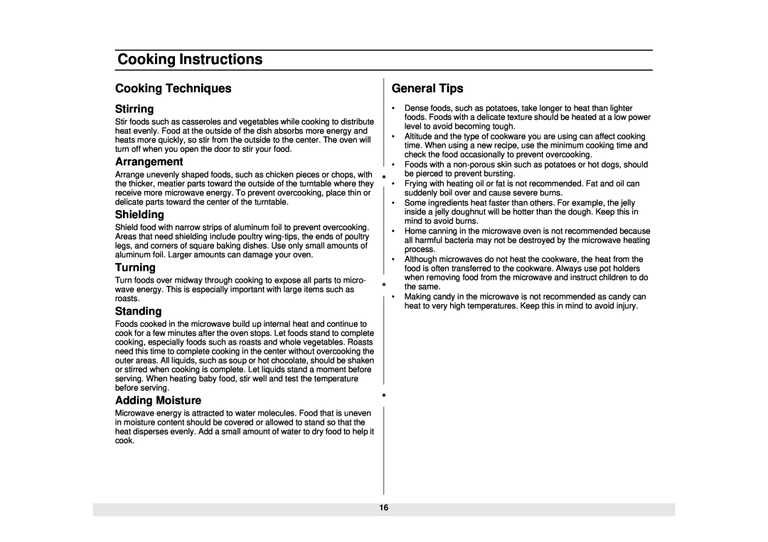 Samsung MW1280STA Cooking Techniques, General Tips, Stirring, Arrangement, Shielding, Turning, Standing, Adding Moisture 