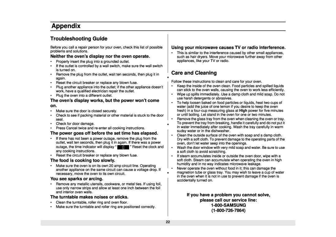 Samsung MW1280STA, MW1180STA manual Appendix, Troubleshooting Guide, Care and Cleaning 
