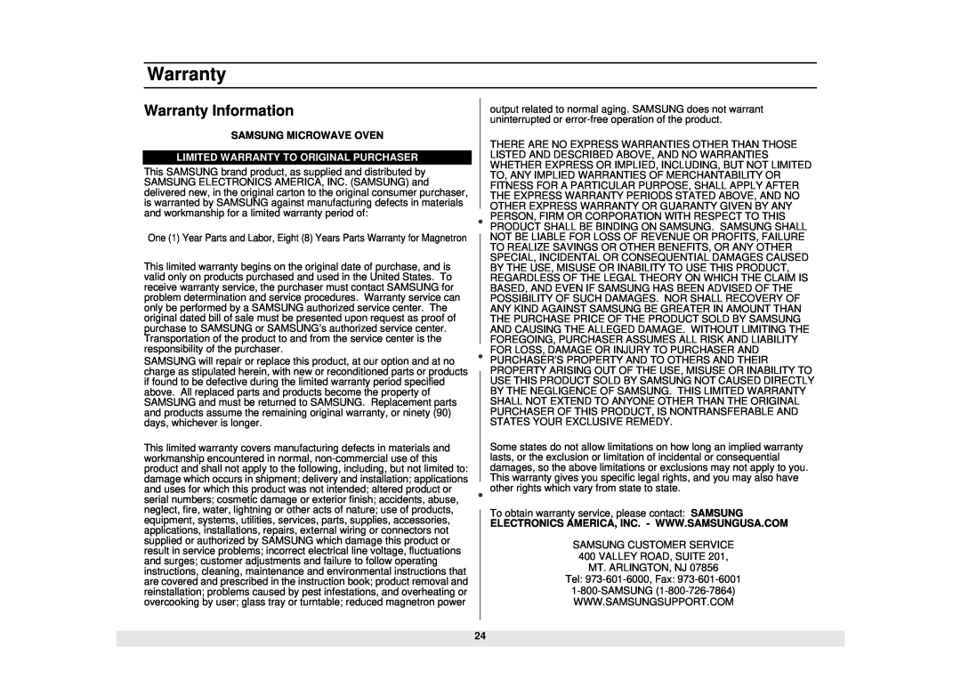 Samsung MW1280STA, MW1180STA manual Warranty Information, Limited Warranty To Original Purchaser 