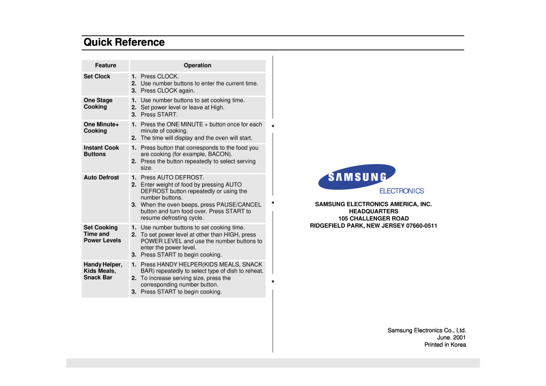 Samsung MW1280STA, MW1180STA manual Quick Reference, Electronics 