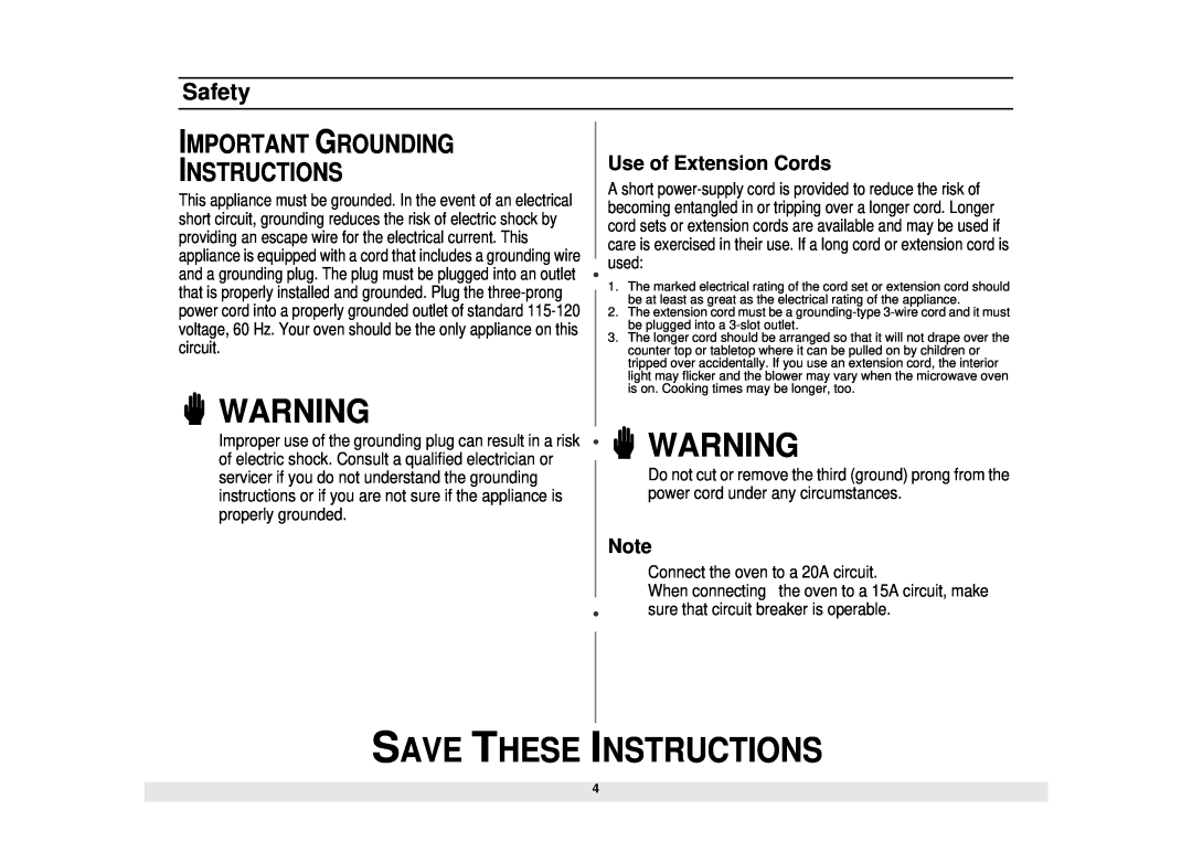 Samsung MW1280STA, MW1180STA Important Grounding Instructions, Use of Extension Cords, Save These Instructions, Safety 