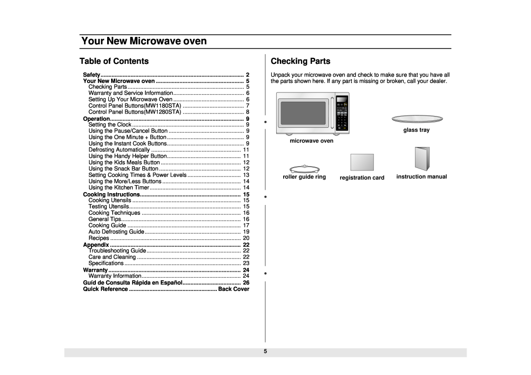 Samsung MW1180STA, MW1280STA manual Your New Microwave oven, Table of Contents, Checking Parts, Cooking Instructions 