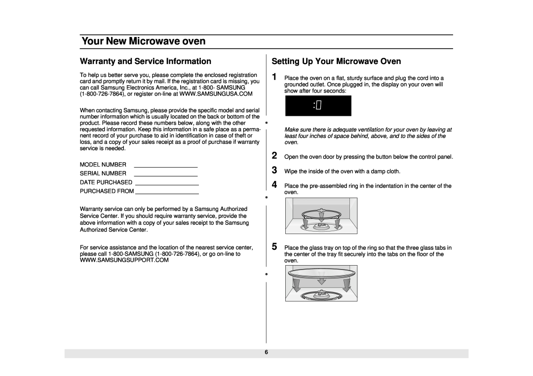 Samsung MW1280STA, MW1180STA manual Warranty and Service Information, Your New Microwave oven 