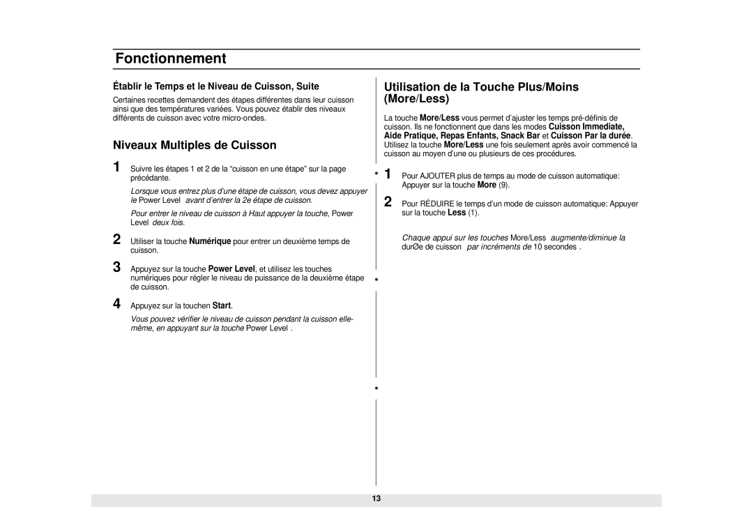 Samsung MW1281STB manual Niveaux Multiples de Cuisson, Utilisation de la Touche Plus/Moins More/Less 