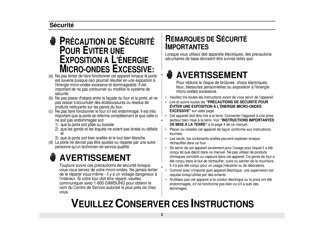 Samsung MW1281STB manual Avertissement, Sécurité 