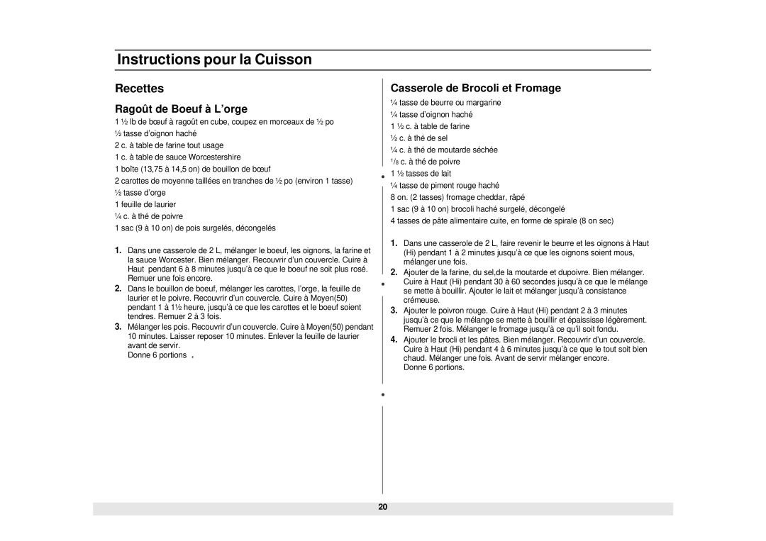 Samsung MW1281STB manual Recettes, Ragoût de Boeuf à L’orge, Casserole de Brocoli et Fromage 