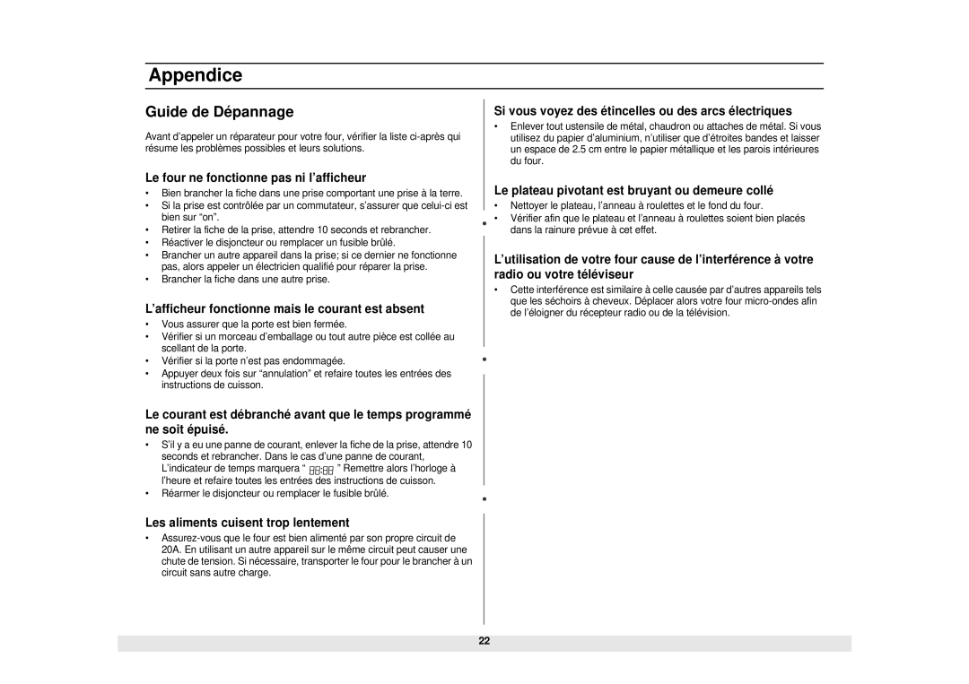 Samsung MW1281STB manual Appendice, Guide de Dépannage 