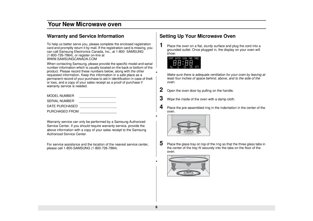 Samsung MW1281STB manual Warranty and Service Information, Setting Up Your Microwave Oven 