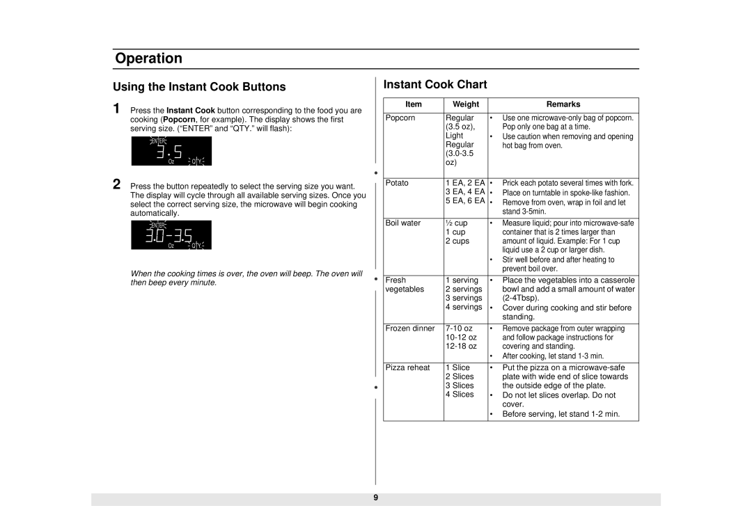 Samsung MW1281STB manual Using the Instant Cook Buttons, Instant Cook Chart, Weight Remarks 