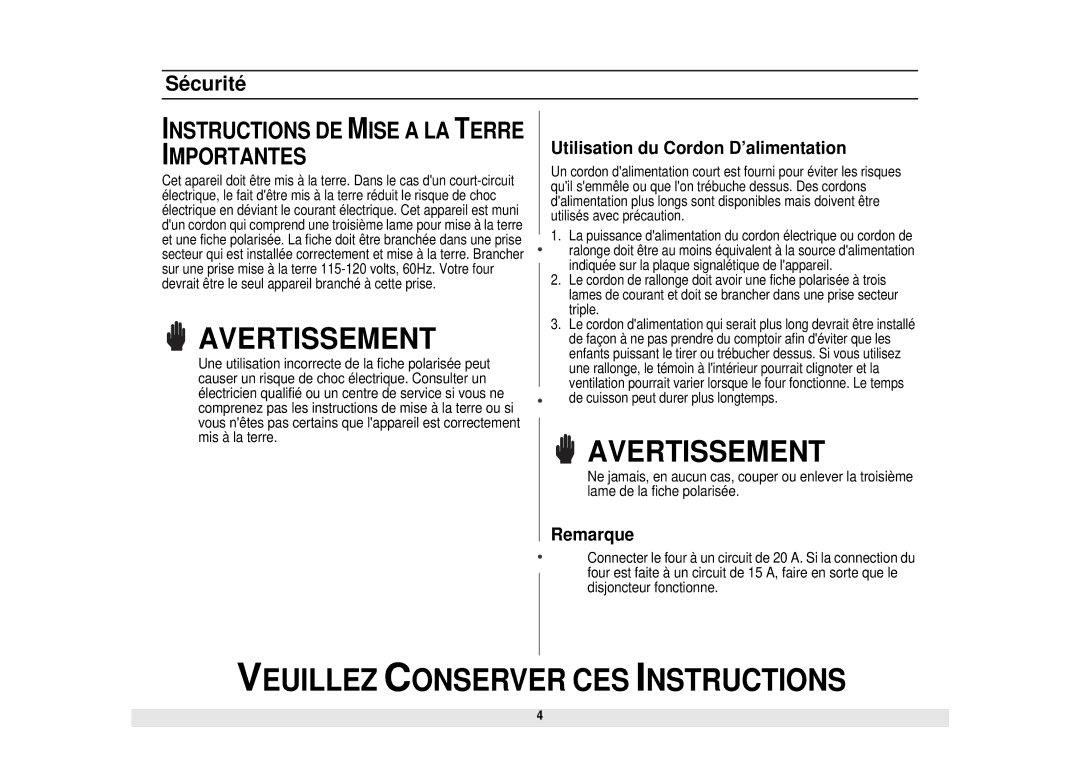 Samsung MW1281STB manual Instructions DE Mise a LA Terre Importantes 