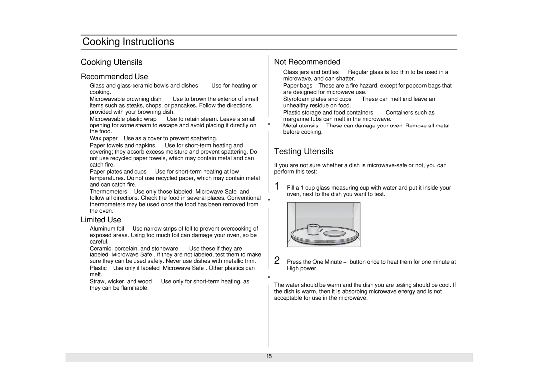 Samsung MW1281STB manual Cooking Instructions, Cooking Utensils, Testing Utensils 