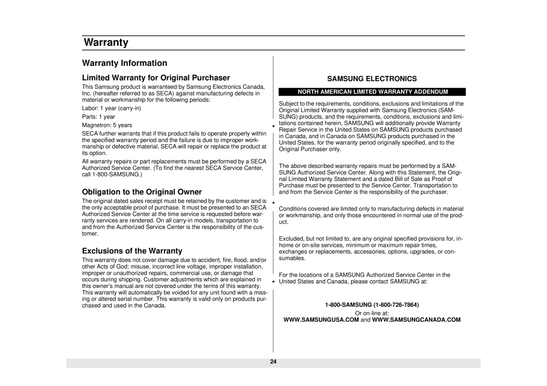 Samsung MW1281STB Warranty Information, Limited Warranty for Original Purchaser, Obligation to the Original Owner 