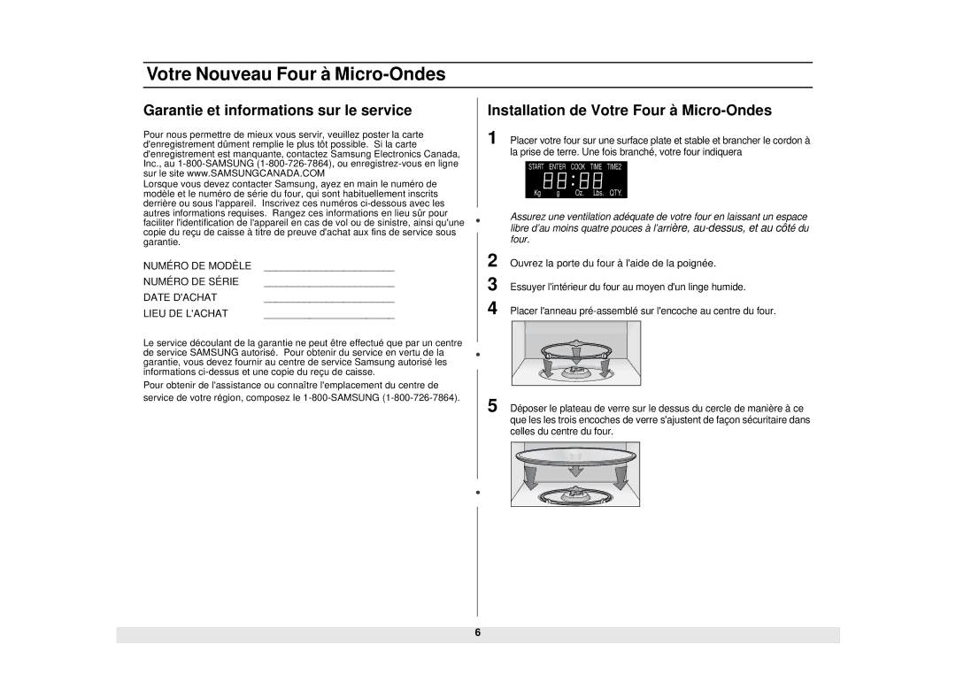 Samsung MW1281STB manual Votre Nouveau Four à Micro-Ondes, Garantie et informations sur le service 