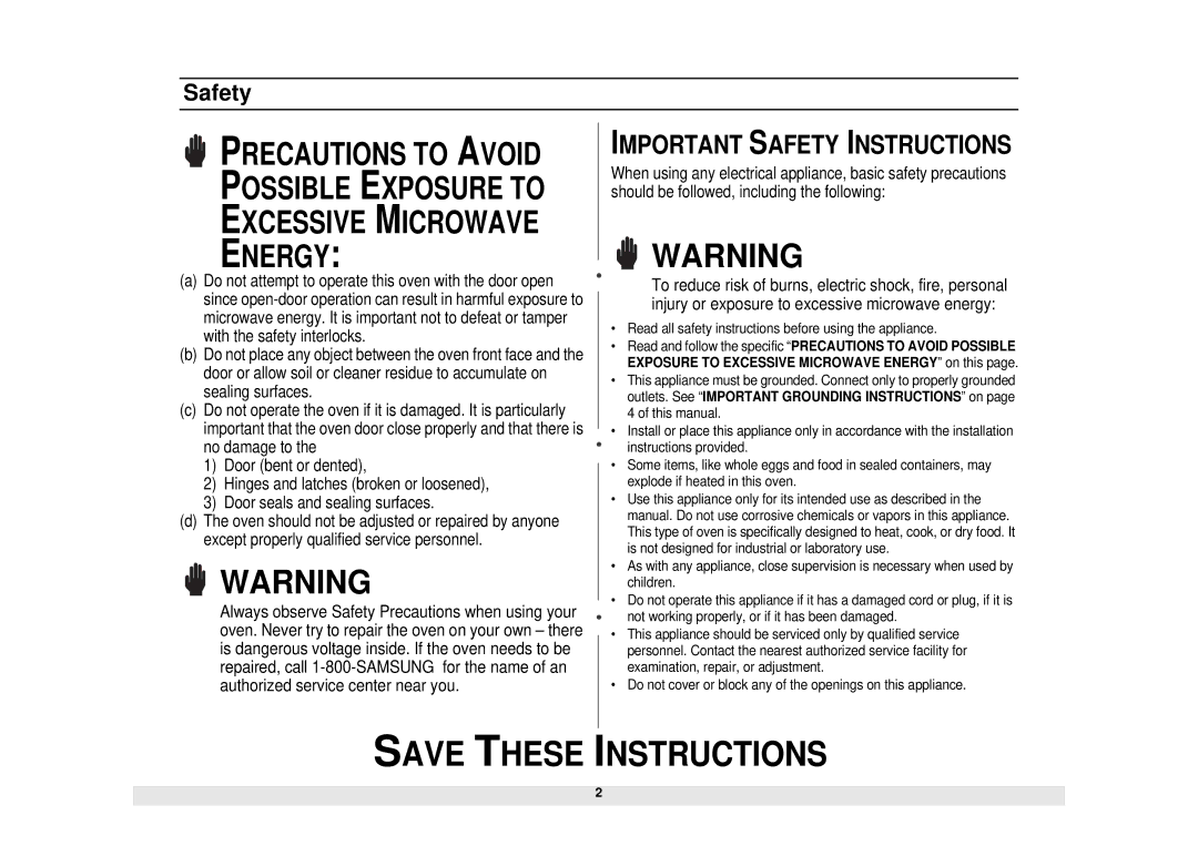 Samsung MW1250WA/BA, MW1430WA/BA, MW1255WA/BA, MW1260WA/BA, MW1230WA/BA, MW1150WA/BA manual Important Safety Instructions 