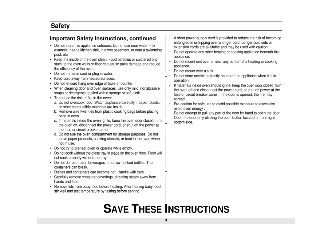 Samsung MW1260WA/BA, MW1430WA/BA, MW1255WA/BA, MW1250WA/BA, MW1230WA/BA, MW1150WA/BA, MW1235WA/BA Important Safety Instructions 