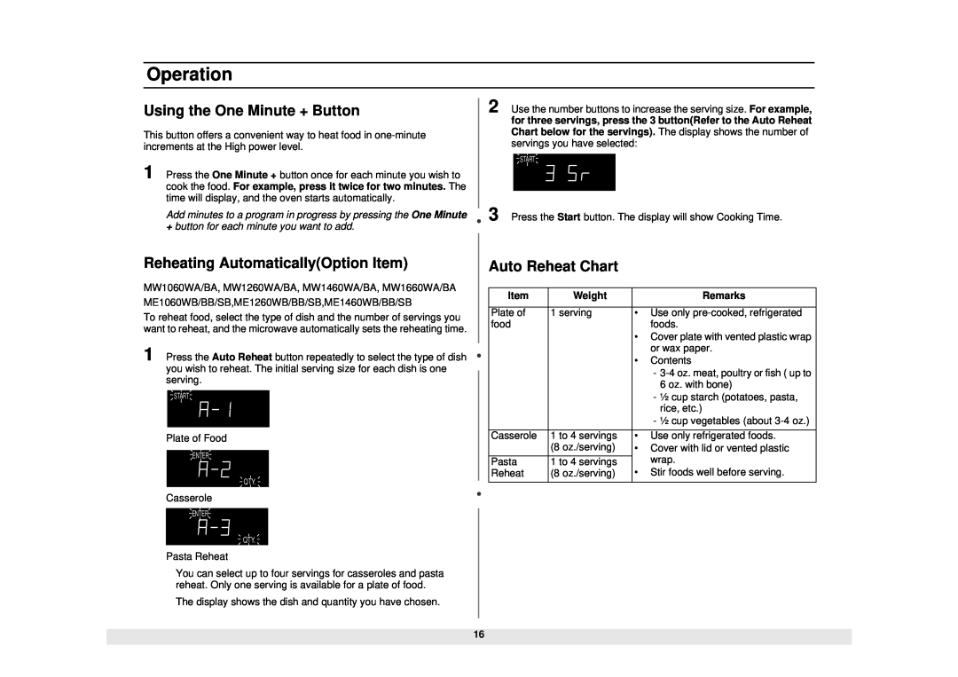 Samsung MW1150WA/BA manual Using the One Minute + Button, Reheating AutomaticallyOption Item, Auto Reheat Chart, Operation 
