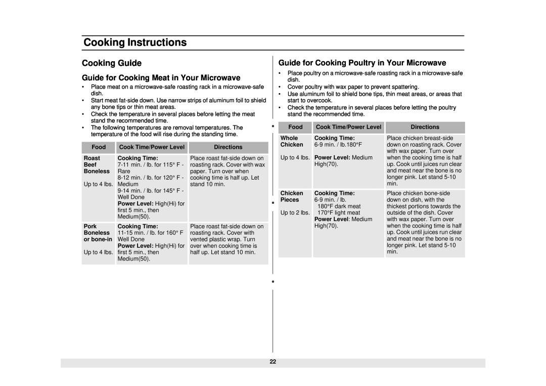 Samsung MW1430WA/BA Cooking Guide, Guide for Cooking Meat in Your Microwave, Guide for Cooking Poultry in Your Microwave 