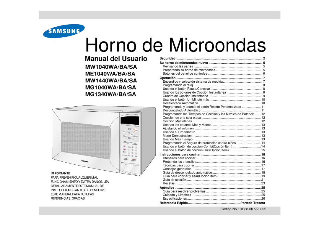 Samsung MW1040WA/BA/SA, MW1440WA/BA/SA, MG1040WA/BA/SA, ME1040WA/BA/SA, MG1340WA/BA/SA manual Horno de Microondas 