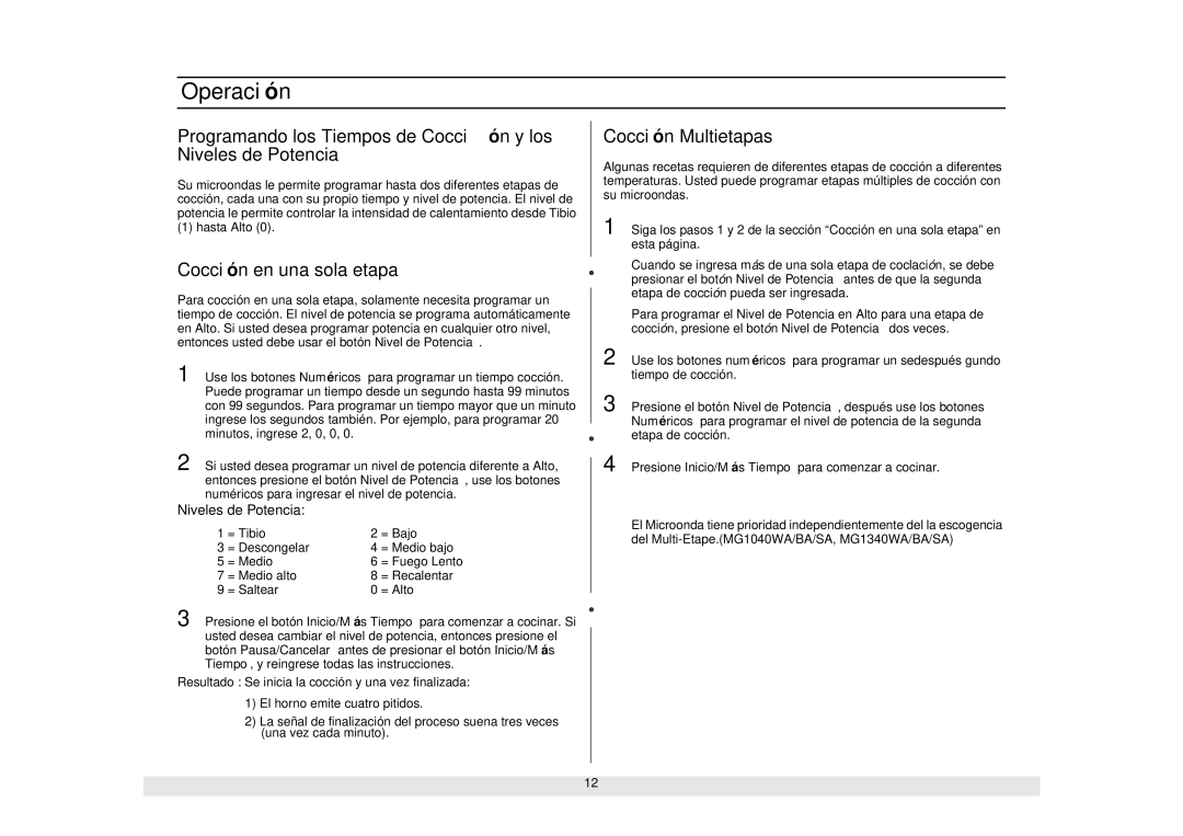 Samsung MG1040WA/BA/SA, MW1440WA/BA/SA, MW1040WA/BA/SA, ME1040WA/BA/SA manual Cocció n en una sola etapa, Cocció n Multietapas 