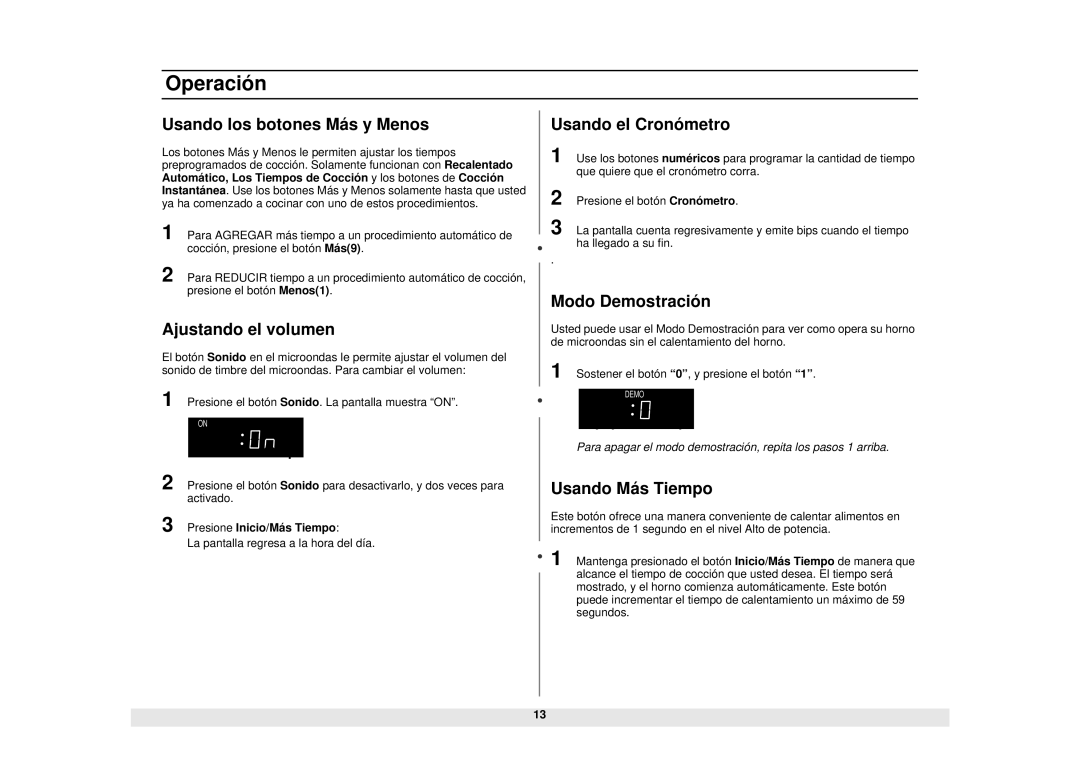 Samsung ME1040WA/BA/SA Usando los botones Má s y Menos, Ajustando el volumen, Usando el Cronó metro, Modo Demostració n 