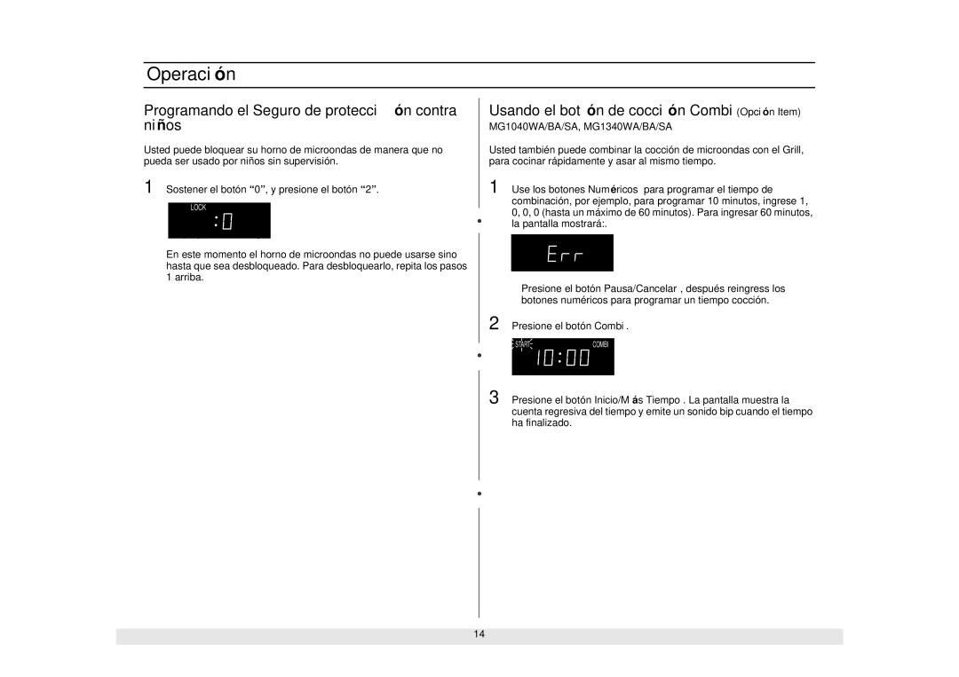 Samsung MG1340WA/BA/SA Programando el Seguro de protecció n contra niñ os, Usando el botó n de cocció n CombiOpció n Item 