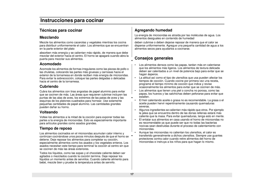 Samsung MG1040WA/BA/SA, MW1440WA/BA/SA, MW1040WA/BA/SA, ME1040WA/BA/SA manual Té cnicas para cocinar, Consejos generales 