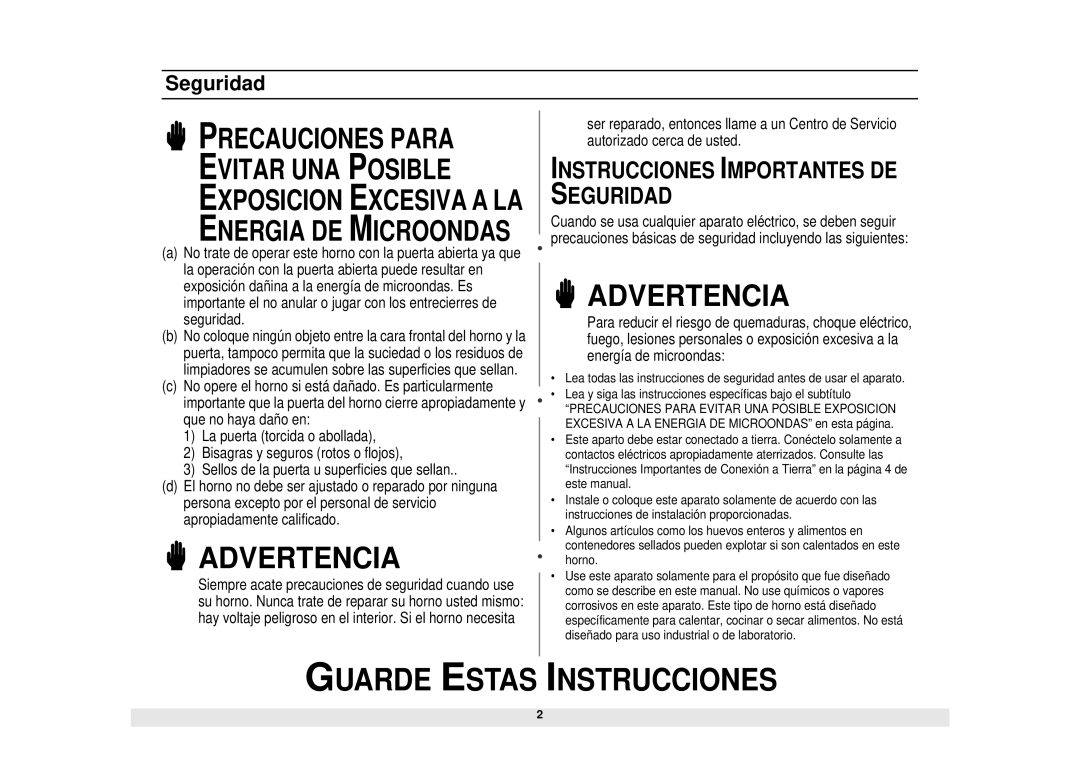 Samsung MG1040WA/BA/SA, MW1440WA/BA/SA, MW1040WA/BA/SA, ME1040WA/BA/SA, MG1340WA/BA/SA manual Advertencia, Seguridad 