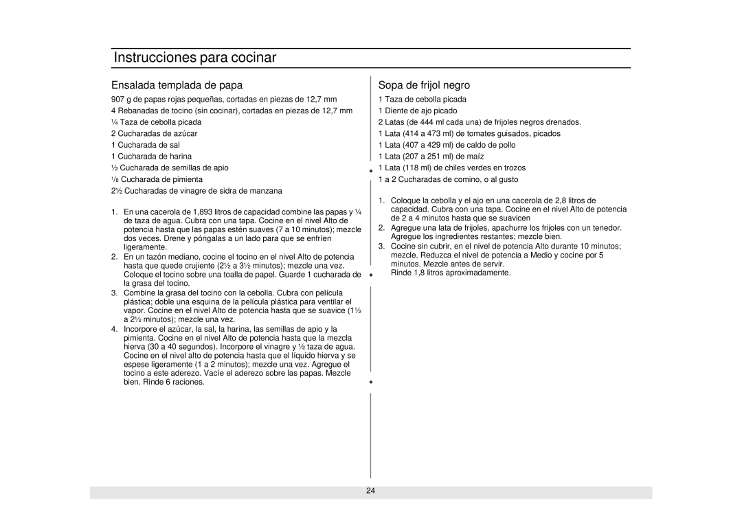 Samsung MG1340WA/BA/SA, MW1440WA/BA/SA, MW1040WA/BA/SA, MG1040WA/BA/SA manual Ensalada templada de papa, Sopa de frijol negro 