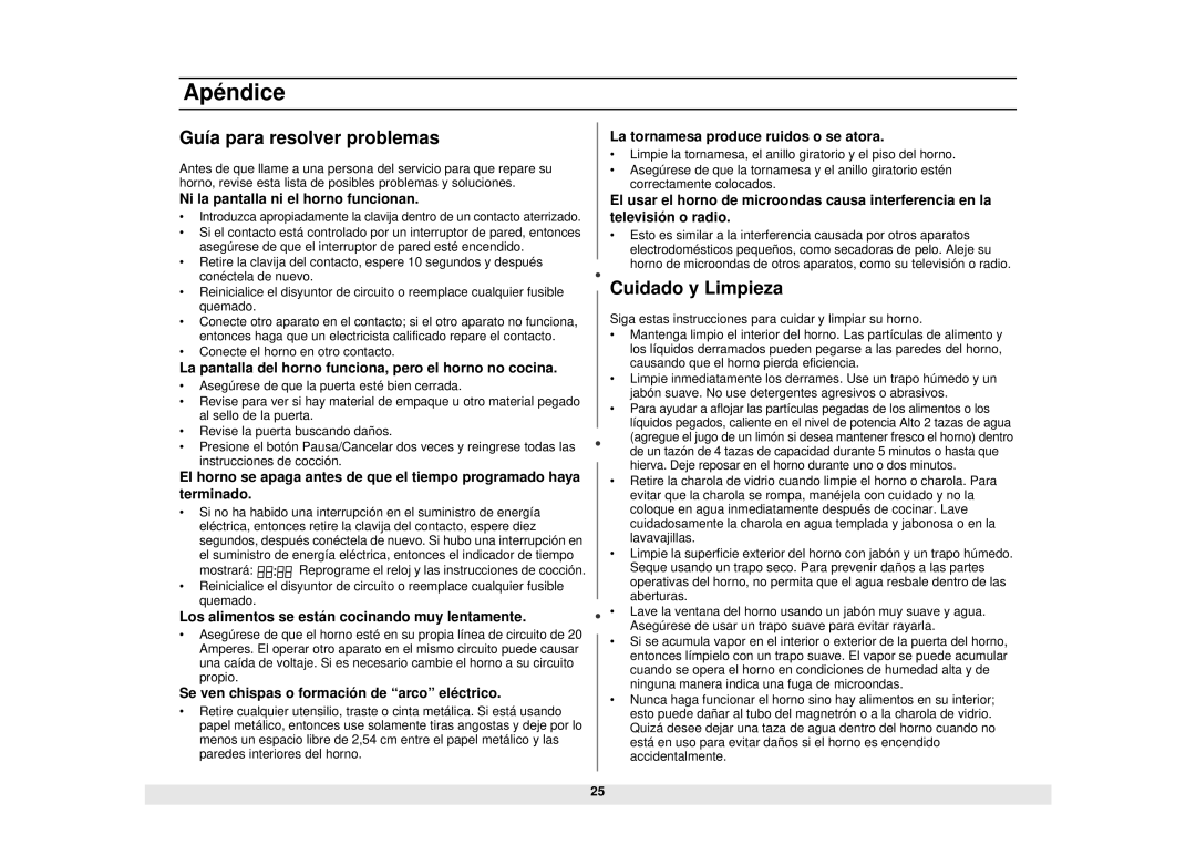 Samsung MW1440WA/BA/SA, MW1040WA/BA/SA, MG1040WA/BA/SA manual Apé ndice, Guía para resolver problemas, Cuidado y Limpieza 