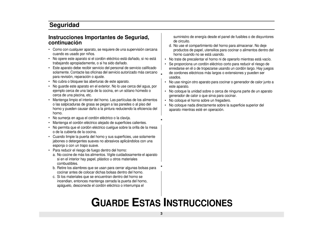 Samsung ME1040WA/BA/SA, MW1440WA/BA/SA, MW1040WA/BA/SA, MG1040WA/BA/SA Instrucciones Importantes de Seguriad, continuación 