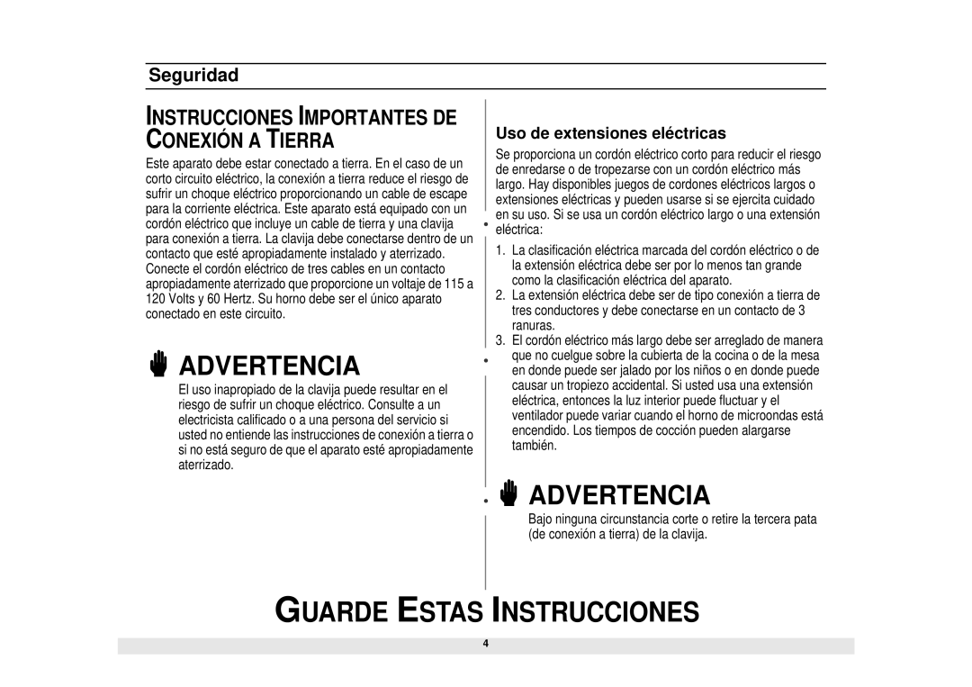 Samsung MG1340WA/BA/SA, MW1440WA/BA/SA, MW1040WA/BA/SA, MG1040WA/BA/SA manual Instrucciones Importantes DE Conexión a Tierra 