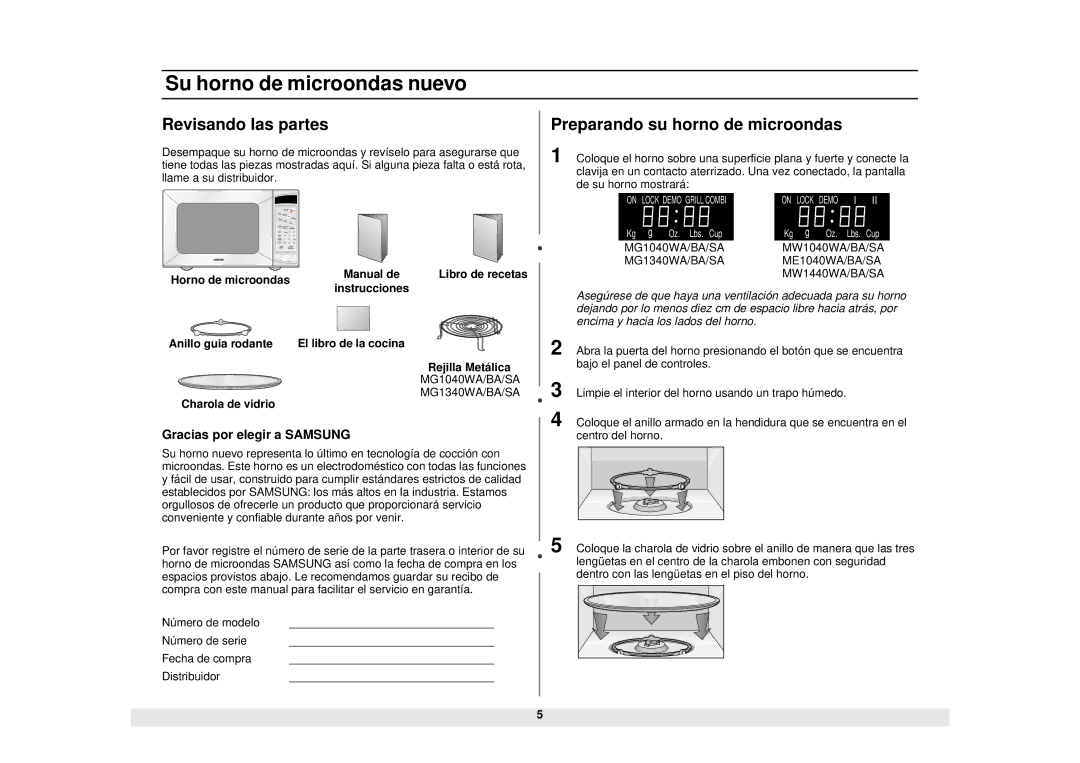 Samsung MW1440WA/BA/SA manual Su horno de microondas nuevo, Revisando las partes, Preparando su horno de microondas 