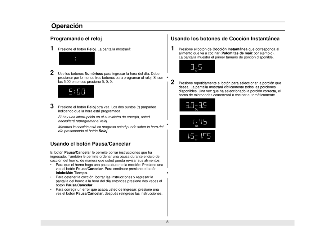 Samsung ME1040WA/BA/SA Programando el reloj, Usando el botón Pausa/Cancelar, Usando los botones de Cocción Instantánea 