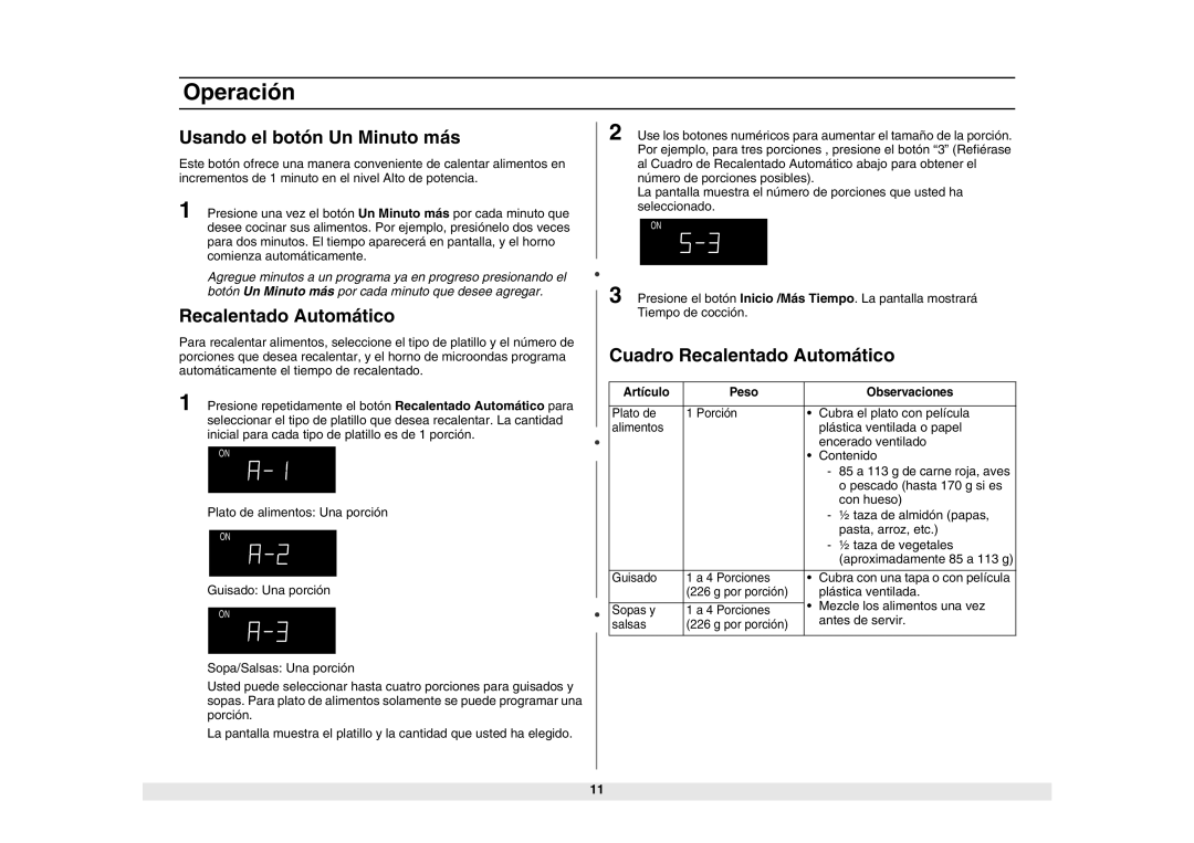 Samsung ME1040WA/BA/SA/GA, MW1440WA/BA/SA/GA manual Usando el botón Un Minuto más, Cuadro Recalentado Automático 