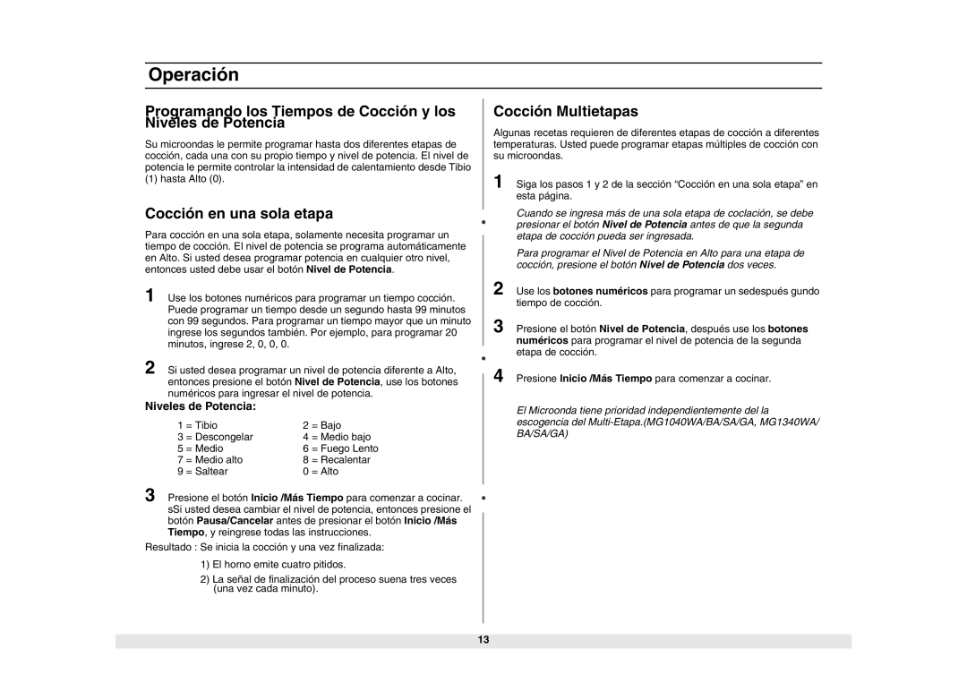 Samsung MG1040WA/BA/SA/GA, MW1440WA/BA/SA/GA, ME1040WA/BA/SA/GA manual Cocción en una sola etapa, Cocción Multietapas 