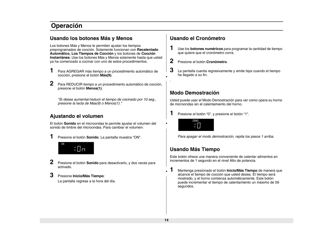 Samsung MW1040WA/BA/SA/GA Usando los botones Más y Menos, Ajustando el volumen, Usando el Cronómetro, Modo Demostración 